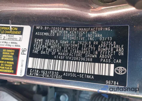 2013 Toyota Camry Le из США, поврежденный, VIN 4T4BF1FK2DR296368